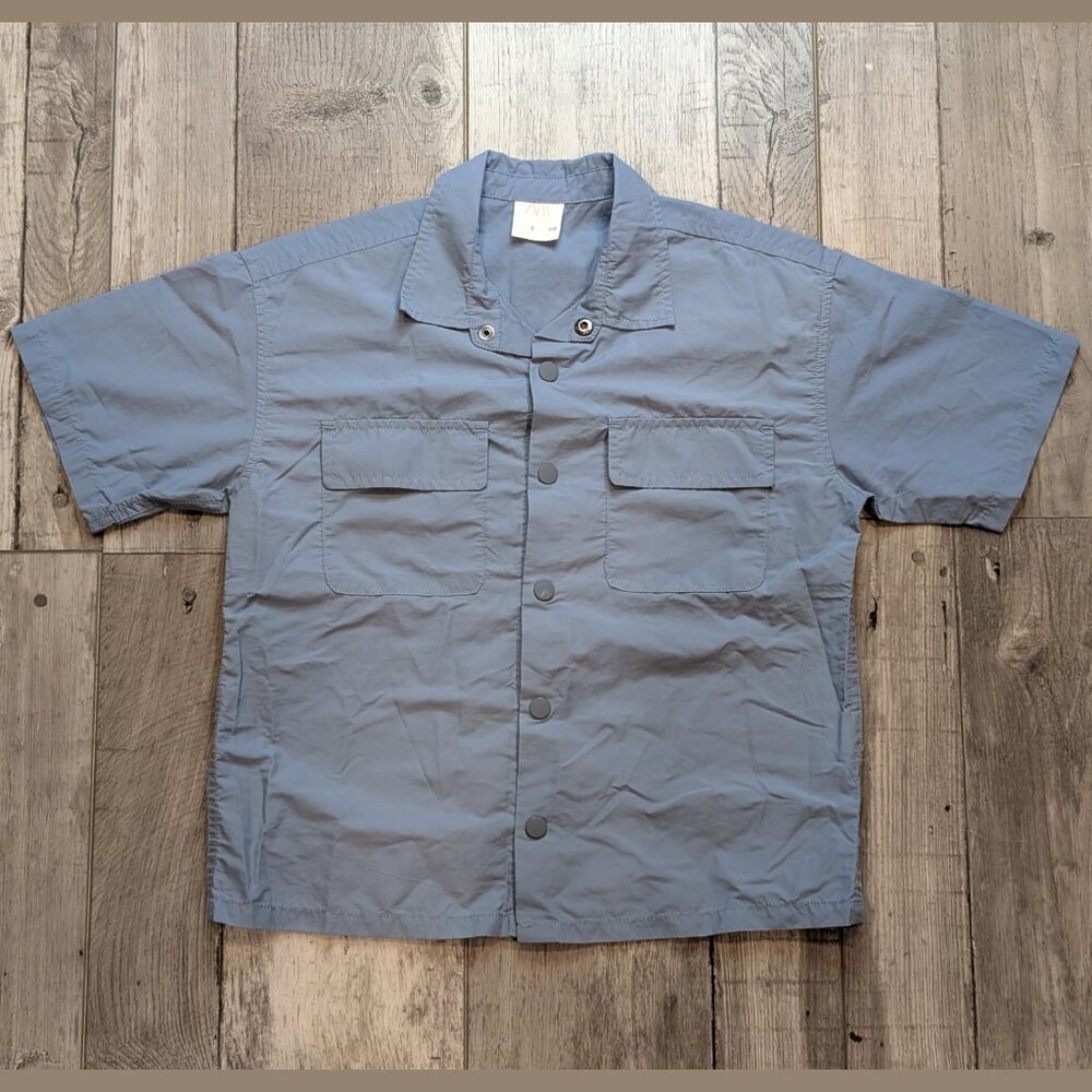 5️⃣ Zara, Short Sleeve Snap Button Down, Grey Blue, Sz 6
